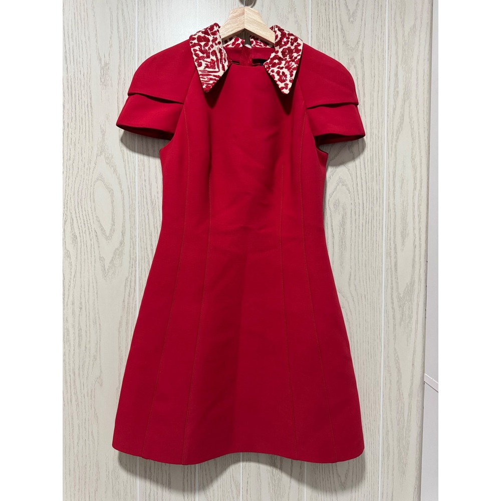 Louis Vuitton Red Wool Silk Mini Dress Leopard Print Collar Layered Sleeve FR 36